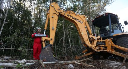 Activistas de Greenpeace se encadenan a maquinaria del Tren Maya para exigir que se detenga la obra en el Tramo 5