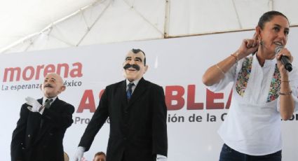 Sheinbaum intenta reanimar acto proselitista con personas disfrazadas de los expresidentes Fox y Salinas