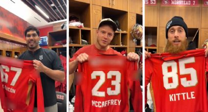El mexicano Isaac Alarcón, Christian McCaffrey y George Kittle, jugadores de los 49ers, le desean buena suerte al Toluca en la Final ante Tigres