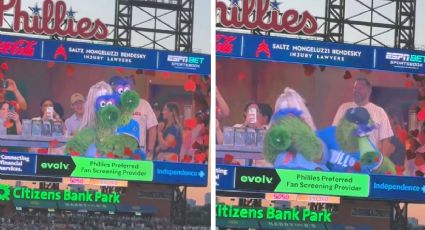 ¡Se suben al tren! Mascotas de los Phillies recrean la ‘kiss cam’ de la pareja que se hizo viral en un concierto de Coldplay