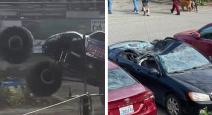 ¡Tremendo susto! Llanta de media tonelada de una Monster Truck se zafa, sale del estadio y se impacta contra autos en un estacionamiento