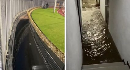 ¡Parecía el Titanic! La torrencial lluvia en el estadio Olímpico Universitario inunda los pasillos e impide la conferencia de Diego Cocca, DT del Atlas