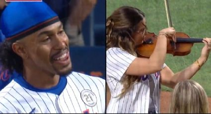 Francisco Lindor, beisbolista puertorriqueño de los Mets, se emociona al ver a su esposa tocar con violín el Himno de Estados Unidos