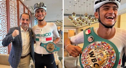 ¡Para darle más ‘punch’! El mexicano Isaac del Toro recibe réplicas de cinturones del CMB de cara a la prueba de ruta del Mundial de Ciclismo