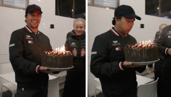 Cumpleaños de Checo Pérez: Le cantan ‘Happy Birthday’ en Cadillac y el piloto mexicano apaga las velas del pastel al tercer intento