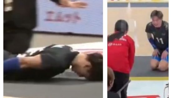 Se hizo viral: Jugador de Voleibol da pelotazo accidental a una asistente de cancha y se disculpa de rodillas ante ella tras deslizarse de cabeza