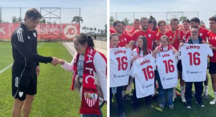 Matías Almeyda, DT del Sevilla, se emociona al recibir a cuatro aficionados con síndrome de Down en el entrenamiento: “Son la pureza en vida”