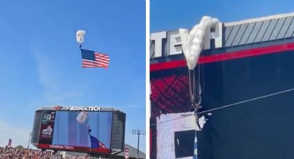 ¡Vaya susto! Paracaidista queda colgando de una pantalla gigante durante partido de futbol americano colegial