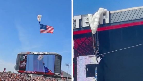 ¡Vaya susto! Paracaidista queda colgando de una pantalla gigante durante partido de futbol americano colegial