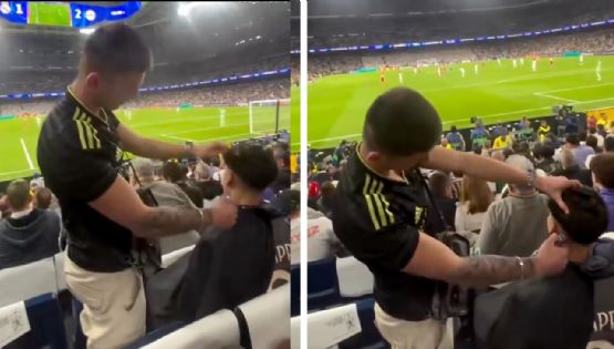Video de influencer que corta el cabello a un aficionado del Real Madrid durante un partido en el Bernabéu provoca indignación en redes sociales